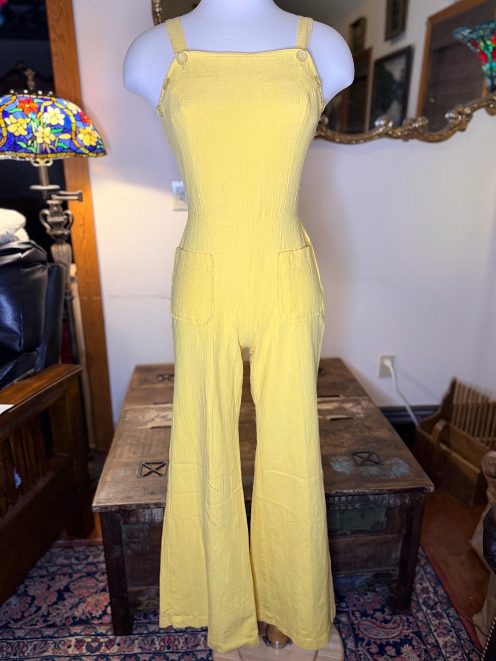 VINTAGE 70’s Cotton Woven Yellow Women's Wide-Leg Jumpsuit